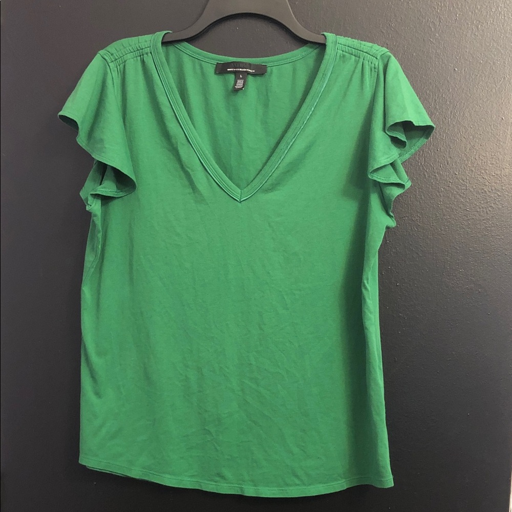 WHBM Grass Green V-Neck Ruffle Sleeve Top